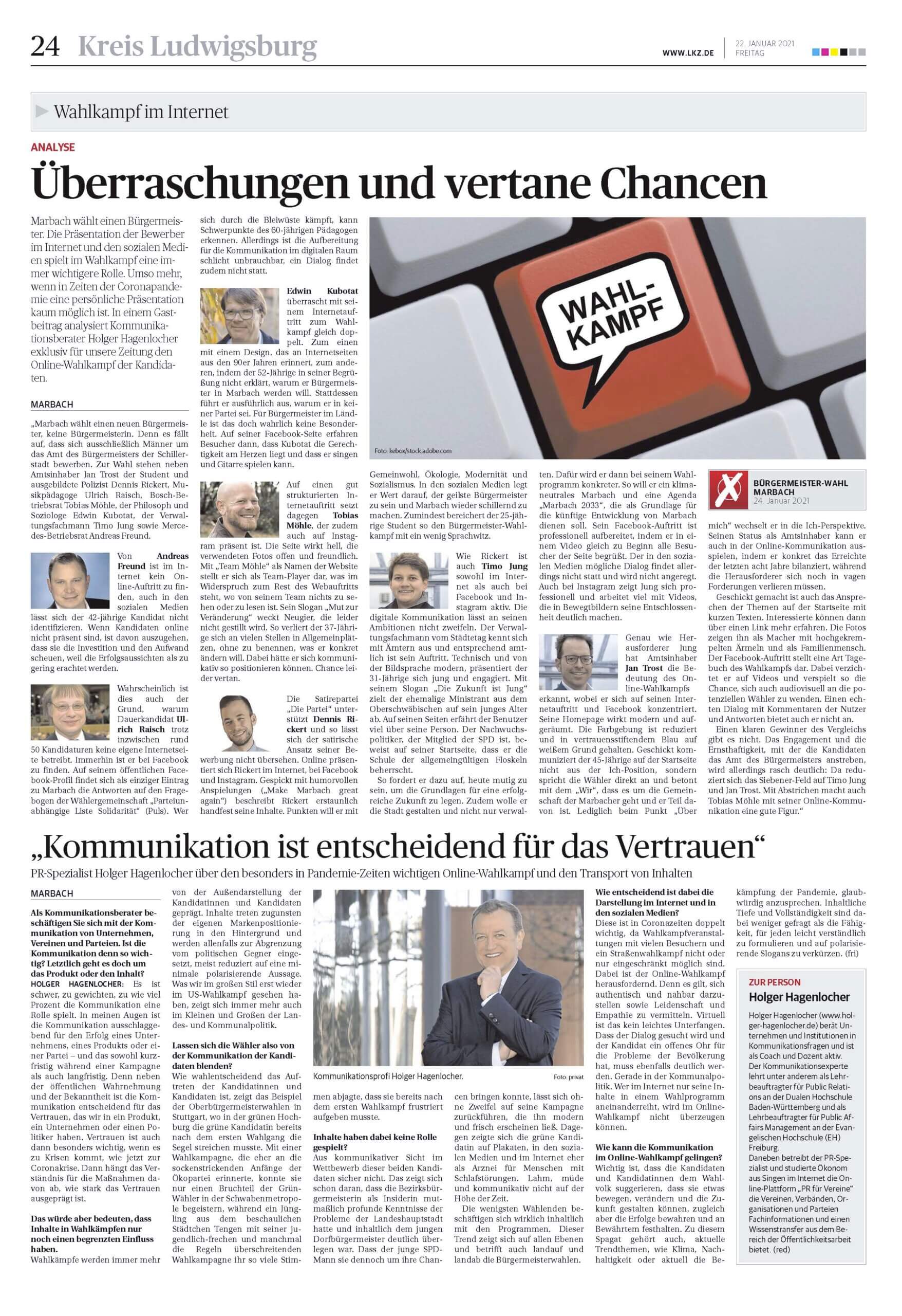 Gastbeitrag in der Ludwigsburger Kreiszeitung und Interview zum Online-Wahlkampf zur Bürgermeisterwahl in der Schillerstadt Marbach am Neckar
