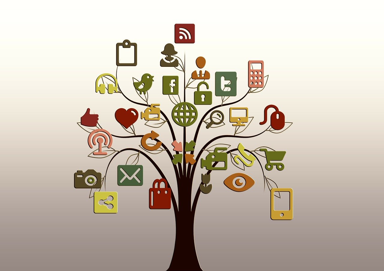 Ein Baum verbindet mehrere Social Media Kanäle miteinander.